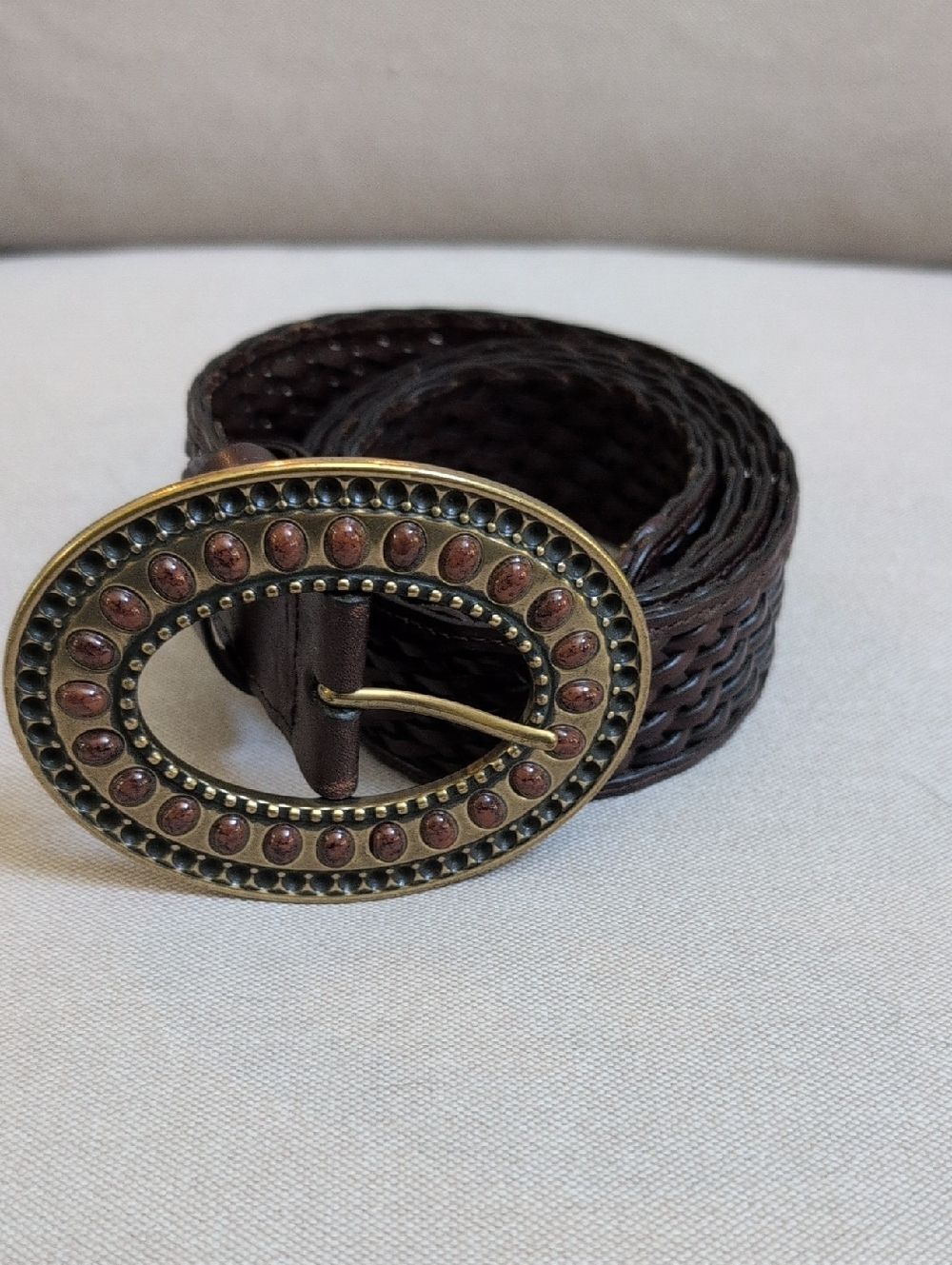 Coldwater Creek Woven Brown Leather Adjustable Belt Decorative Oval Buckle